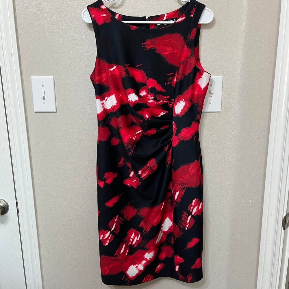 Carl Lagerfeld Women’s Midi Dress Size 10 Bodycon Fully Lined Black/Red‎